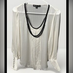 Elizabeth and James Silk Blouse Medium White Pleated Front Beaded Collar Button
